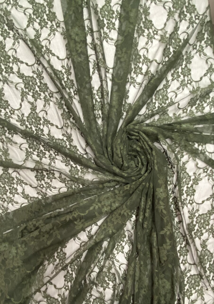 1 Yard Olive Green Shimmery Floral Lace Fabric Stretch Nylon Spandex Sheer 58/60″ Wide